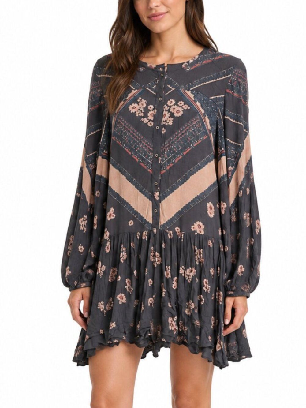 Free People Gray Pink Floral Boho Button Front Drop Waist Tunic Dress Size Mediu